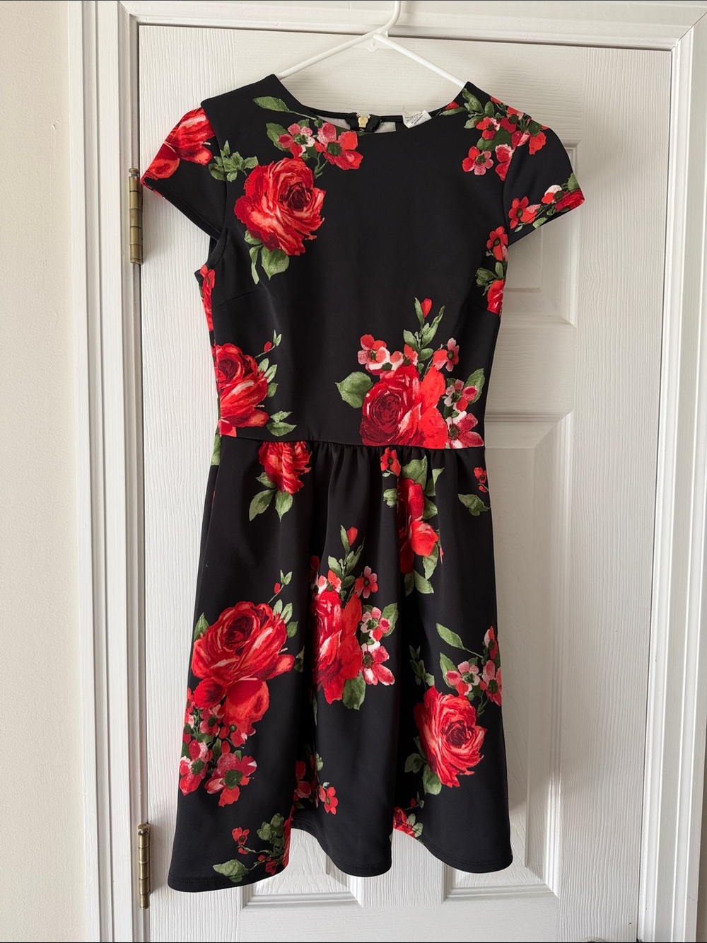 Juniors Black Dress with Red Rose Print